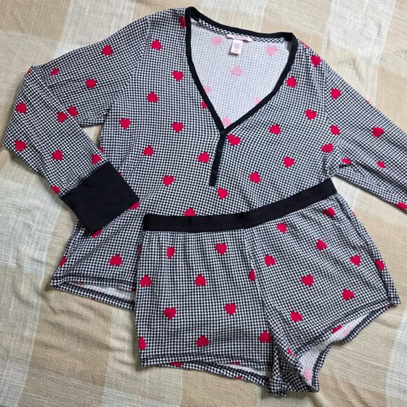 y2k Victoria's Secret Girly Femi Cottage Coquette Gingham & Hearts Thermal PJ's - Picture 2 of 14